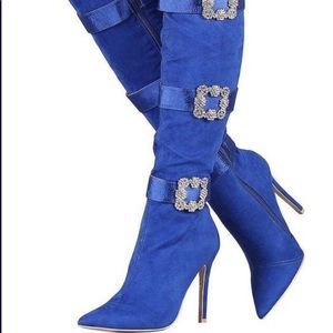 Chic Blue Over the Knee Boots with Embellished Buckles